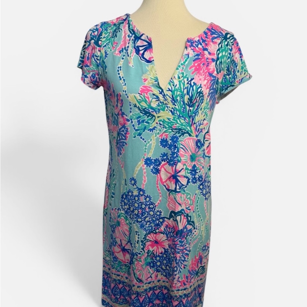 Lilly Pulitzer Seafoam Floral V-Notch Dress — Pink & Blue